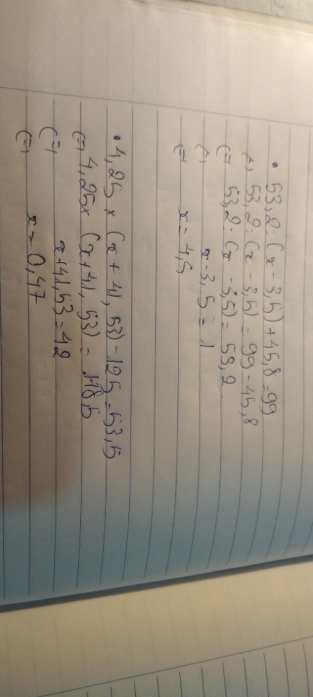 Tìm x: 53,2:(x-3,5)+45,8=99 4,25×(x+41,53)-125=53,5 Giải họ mình nha ...