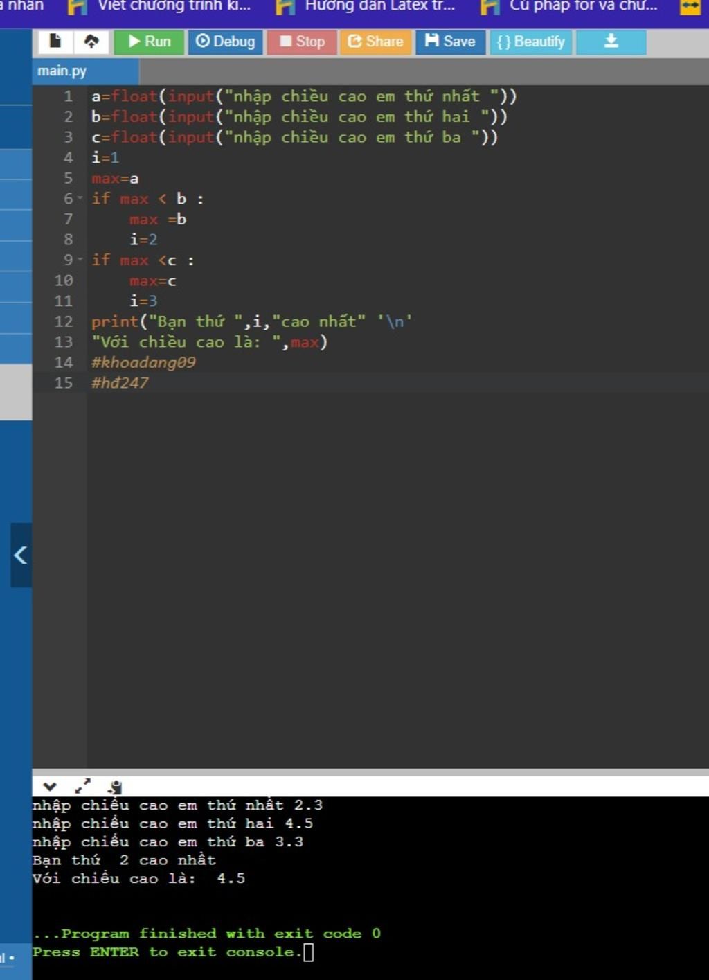 Phần mềm Python 3 Bài 3. Nhập vào chiều cao 3 em học sinh. In ra em học ...