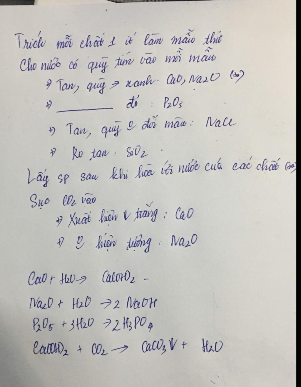 Có 5 chất rắn bột màu trắng là SiO2, CaO, P2O5, NaCl và Na2O. Hãy trình ...