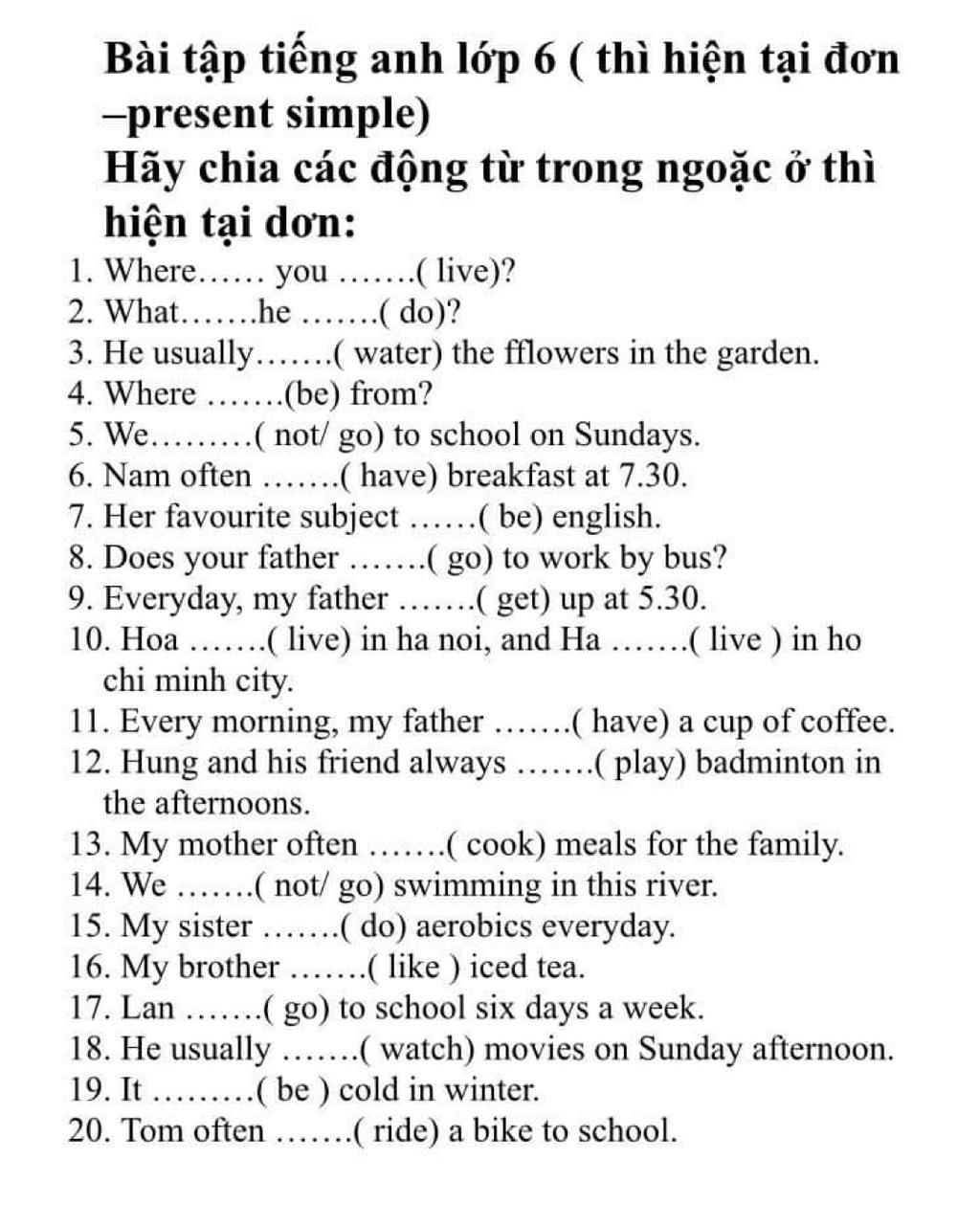 BÀI TẬP CHIA ĐỘNG TỪ LỚP 6 NÂNG CAO GIÚP RÈN LUYỆN KỸ NĂNG