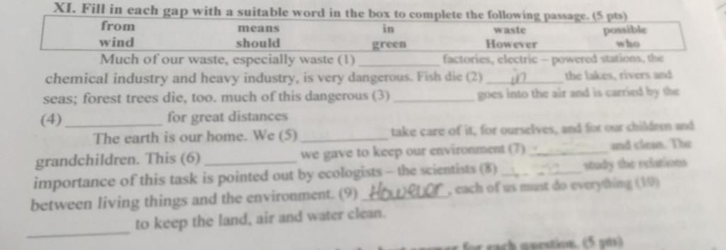 XI. Fill in each gap with a suitable word in the box to complete the ...