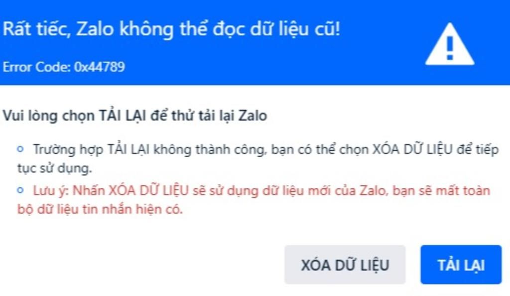 Zalo Error Code Rất tiếc, Zalo không thể đọc dữ liệu cũ! A Error Code: Ox44789 Vui lòng ...