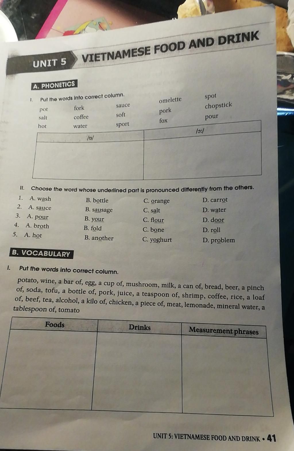 1. UNIT 5 A. PHONETICS 1. VIETNAMESE FOOD AND DRINK Put the words into ...