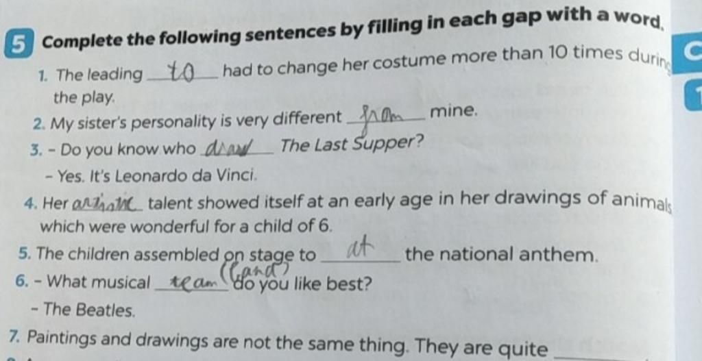 5 Complete the following sentences by filling in each gap with a word ...