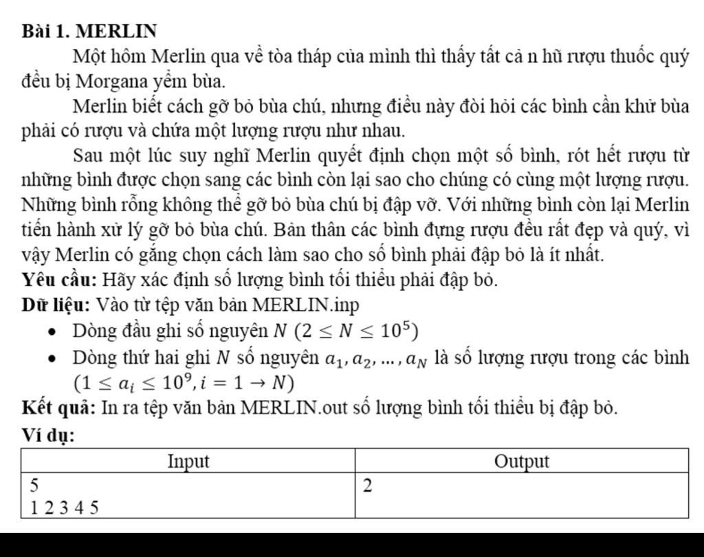 Bài 1. MERLIN Một hôm Merlin qua về tòa tháp của mình thì thấy tất cả n ...