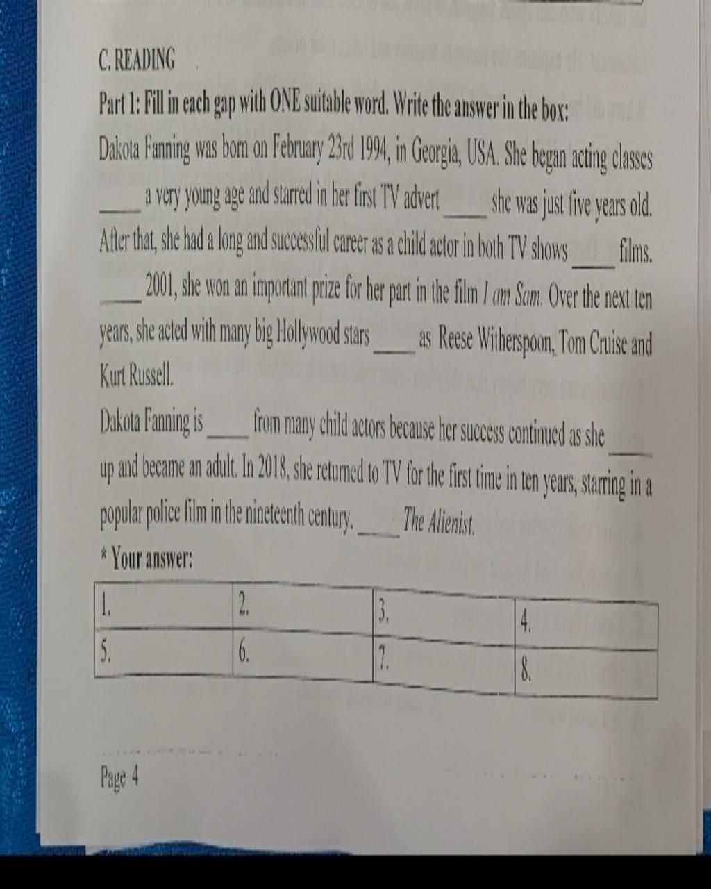 C.READING Part 1: Fill in each gap with ONE suitable word. Write the ...