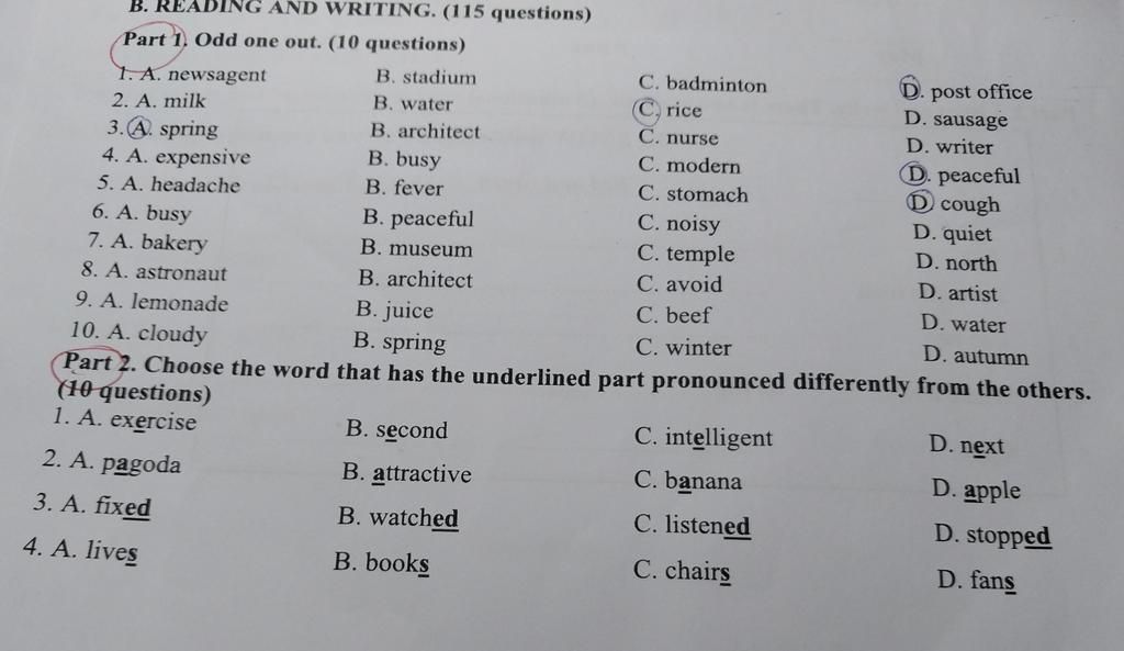 Writing 115 B. READING AND WRITING. (115 questions) Part 1, Odd one out. (10 ...
