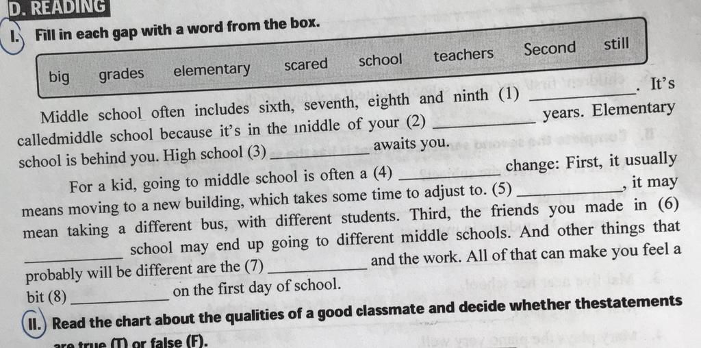 D. READING Fill in each gap with a word from the box. scared school ...