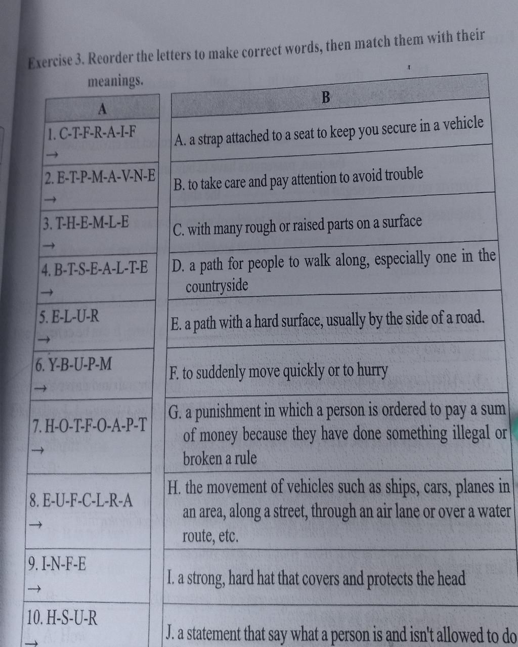 Exercise 3. Reorder the letters to make correct words, then match them ...