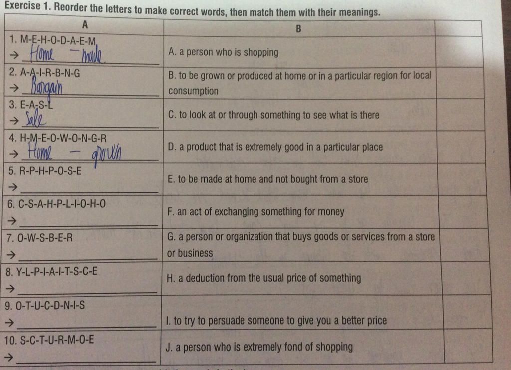 Exercise 1. Reorder the letters to make correct words, then match them ...