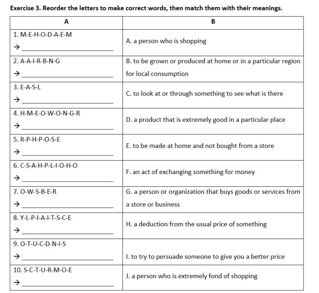 Exercise 3. Reorder the letters to make correct words, then match them ...