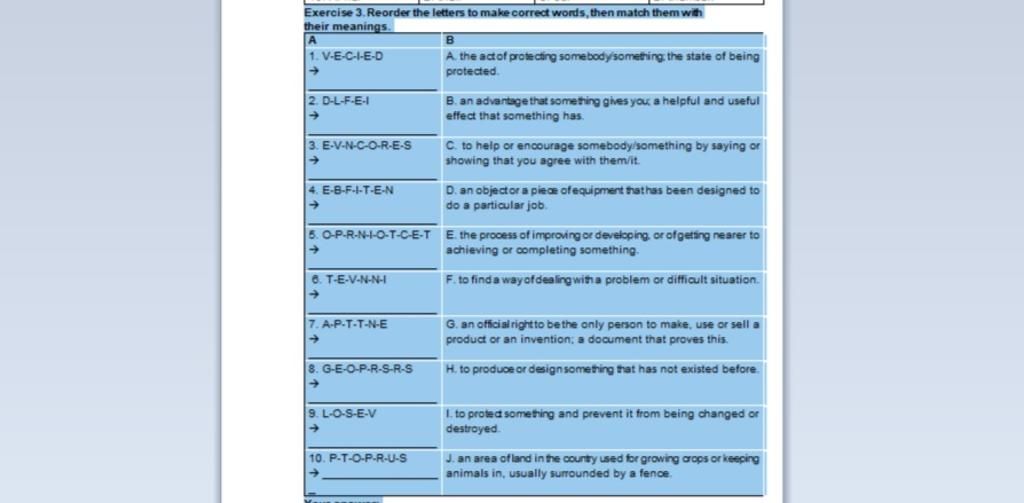 Exercise 3. Reorder the letters to make correct words, then match them ...