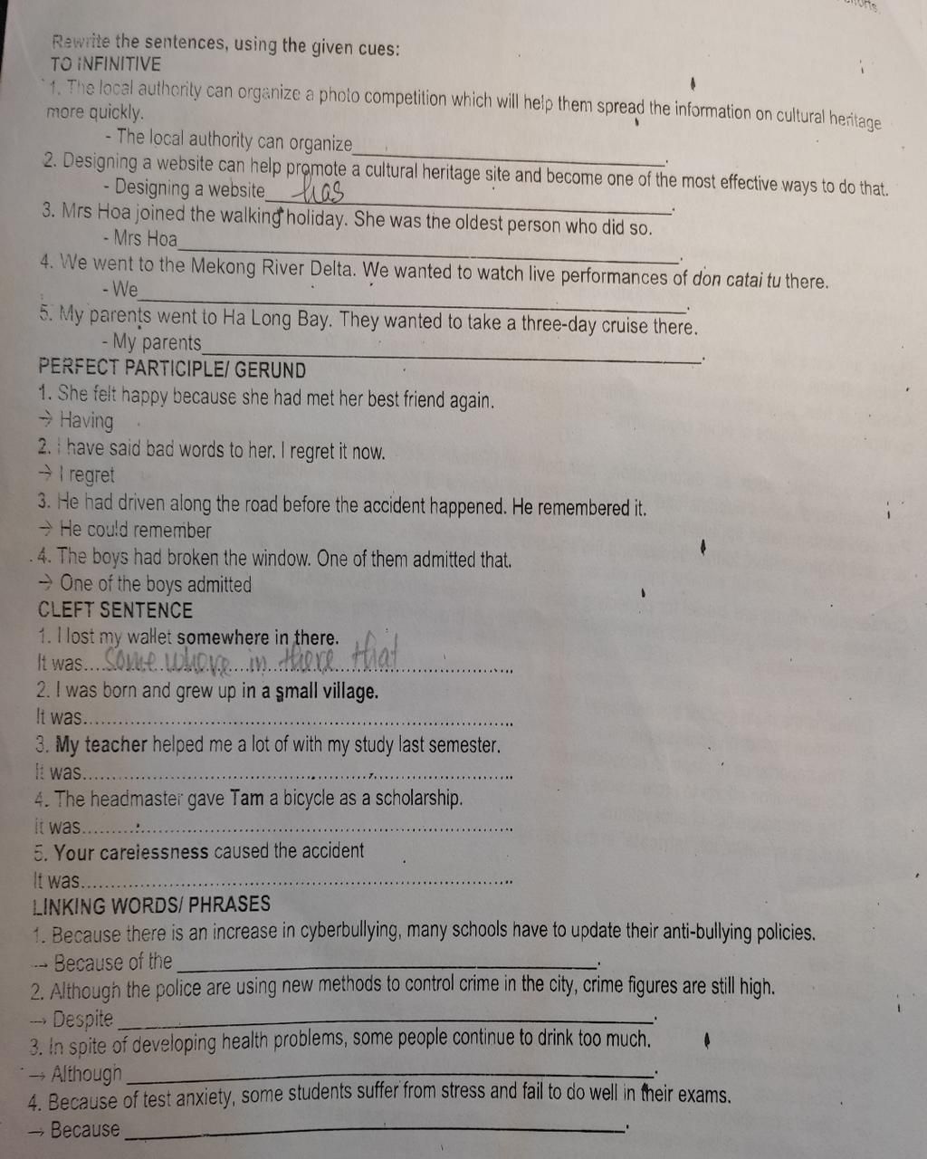 Rewrite the sentences, using the given cues: TO INFINITIVE 1. The local ...