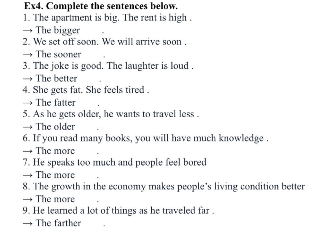 Ex4. Complete the sentences below. 1. The apartment is big. The rent is ...