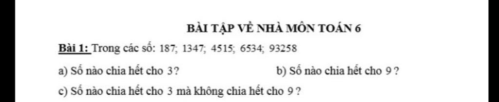 c) Số nào chia hết cho 3 mà không chia hết cho 9 ? Bài 2: Cho số A=507* ...