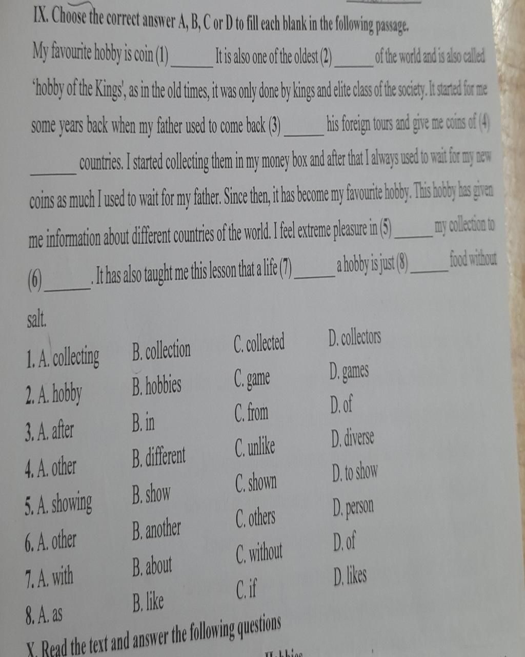 IX. Choose the correct answer A, B, C or D to fill each blank in the ...