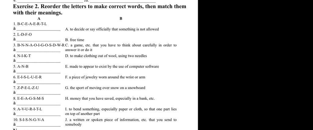 Exercise 2. Reorder the letters to make correct words, then match them ...