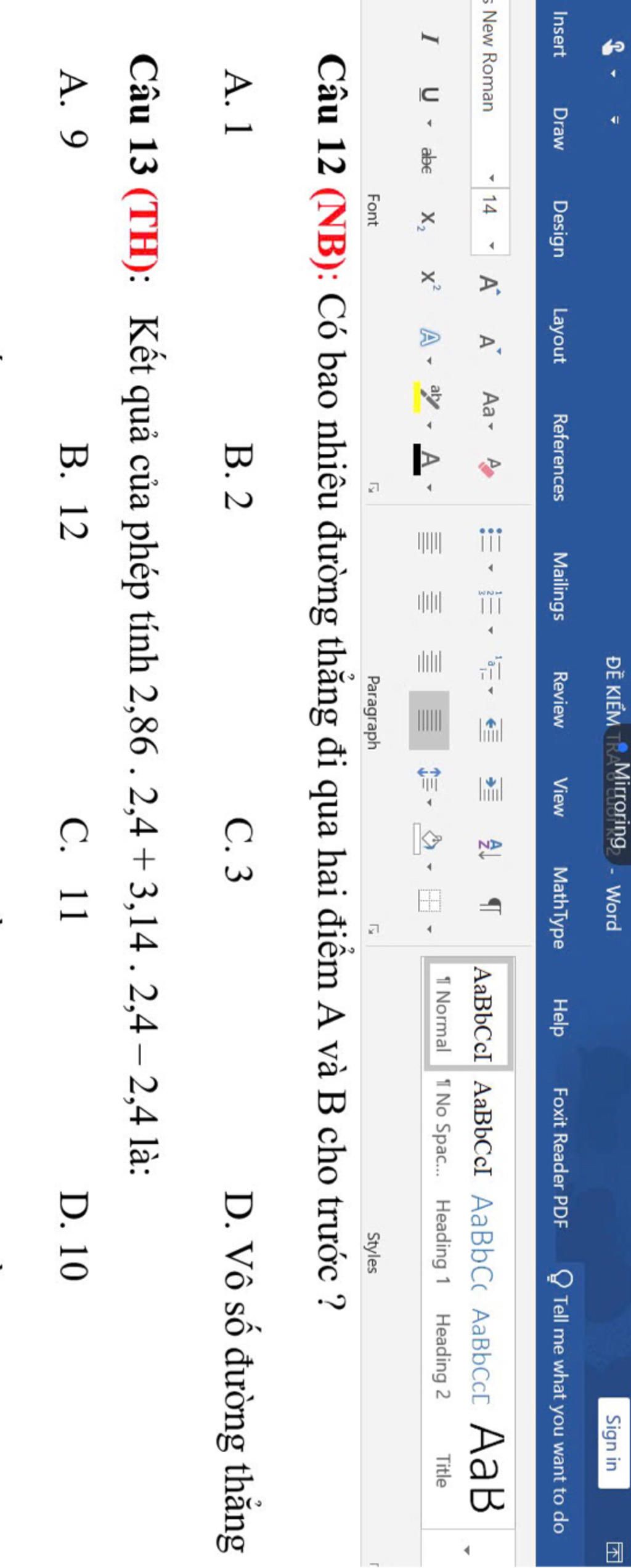 ĐỀ KIỂM TRA Mirroring - Word Sign in K Insert Draw Design Layout ...
