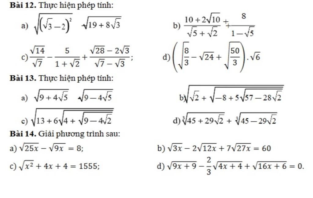 Bài 12. Thực hiện phép tính: 3-2) √√19+8√3 a) √(√3–2)² √14 5 √28-2√3 √7 ...